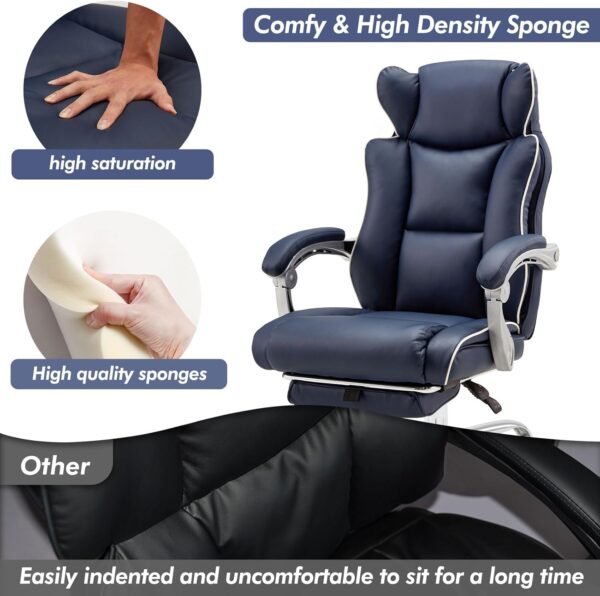 Office Desk Chair with Foot Rest High Back Executive Office Chair for Heavy People PU Leather Computer Chair with Adjustable Backrest Reclining Office Chair with Linkage Handrail, Blue - Image 4