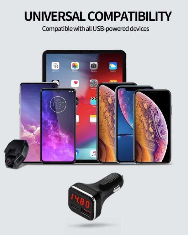 USB C Car Charger Adapter with Volt Meter, 30W Cigarette Lighter Adapter with Voltmeter, Type C Car Charger Fast Charging 12V, PD & QC 3.0 Compatible with iPhone 15 Pro Max, Samsung Galaxy S24 - Image 5