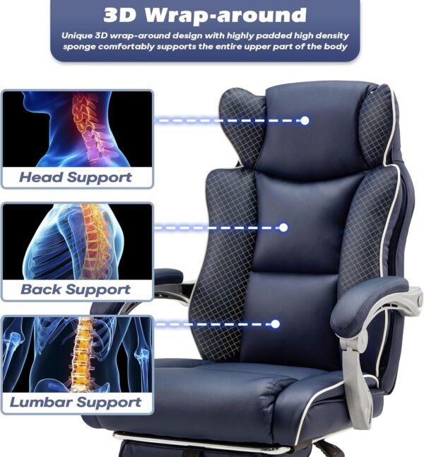 Office Desk Chair with Foot Rest High Back Executive Office Chair for Heavy People PU Leather Computer Chair with Adjustable Backrest Reclining Office Chair with Linkage Handrail, Blue - Image 6
