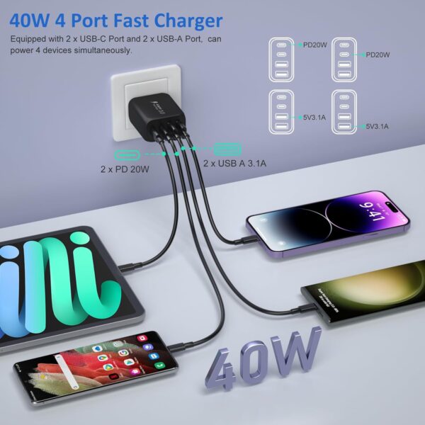 【4 in 1】 iPhone Car Charger, 38W Dual Port PD+QC3.0 Fast Charging Cigarette Lighter USB C Car Charger Adapter + 2Pack 6ft Braided USB C Cable + 40W Wall Charging Block for iPhone,iPad,Samsung,Tablet - Image 7