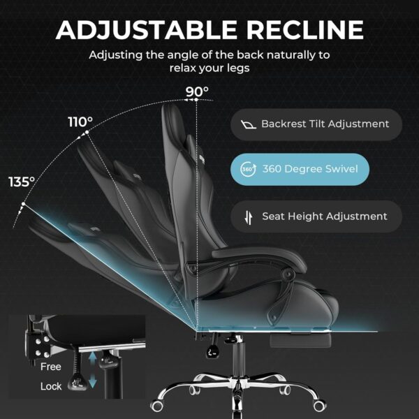 GTPLAYER Gaming Chair, Computer Chair with Footrest and Lumbar Support, Height Adjustable Game Chair with 360°-Swivel Seat and Headrest and for Office or Gaming (Faux Leather, Black) - Image 5