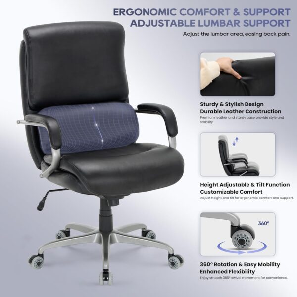 COLAMY Executive Padded Leather Office Chair-Ergonomic Lumbar Support, Desk Chair for Home and Office with Flip-up Arms, High Back, Adjustable Desk Computer Chair for Work, Meeting, Black, 400lbs - Image 5