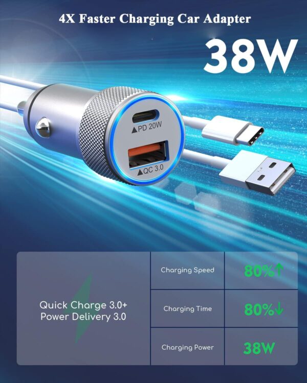Fast iPhone Car Charger,【2Pack】38W Dual Port PD&QC3.0 Fast Charger Car [Apple MFi Certified] Cigarette Lighter Car Power Adapter with 2pack Lightning Cable for iPhone 14/13/Pro/Max/12/11/X/8 (Silver) - Image 3