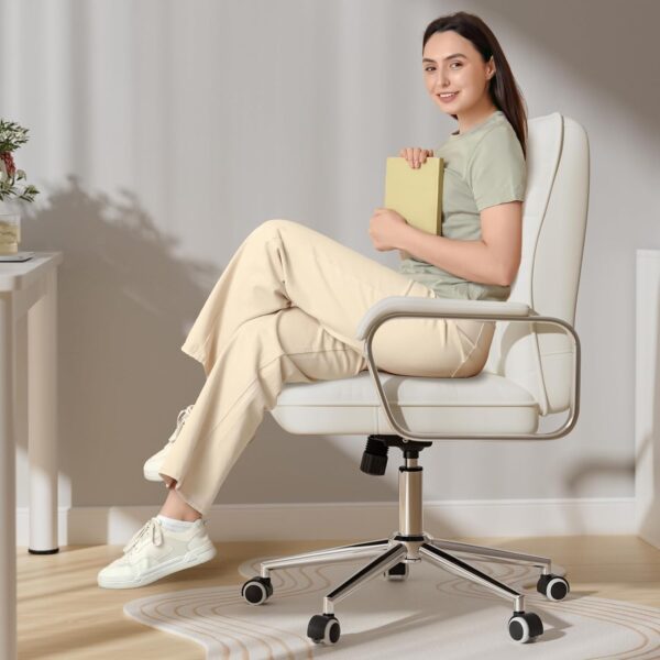 White Office Chair with Soft Leather, Swivel Computer Home Office Desk Chair with Wheels and Padded Arms, Adjustable Height and Tilt - Image 5
