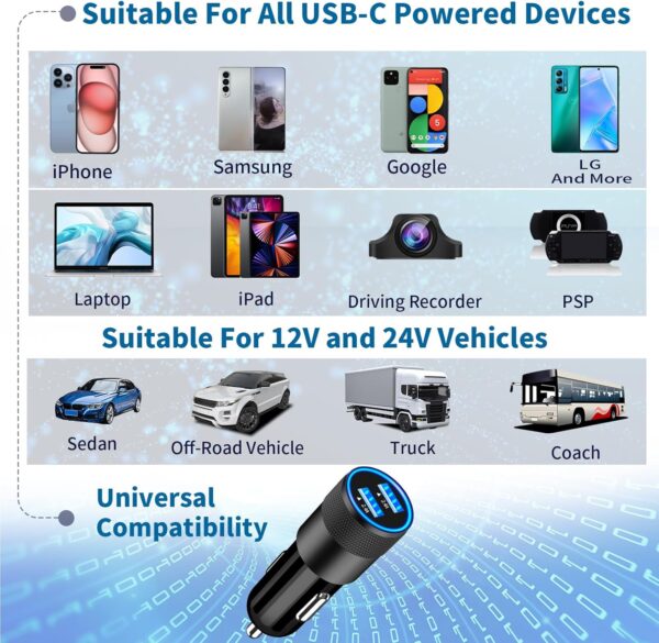 【MFi Certified】iPhone 16 Car Charger Fast Charging, BARMASO 4.8A USB Car Power Adapter USB-C Car Charger Cigarette Lighter with 2Pack Type-C Braided Cable for iPhone 16 Pro Max/15 Pro/Galaxy S24/Pixel - Image 8