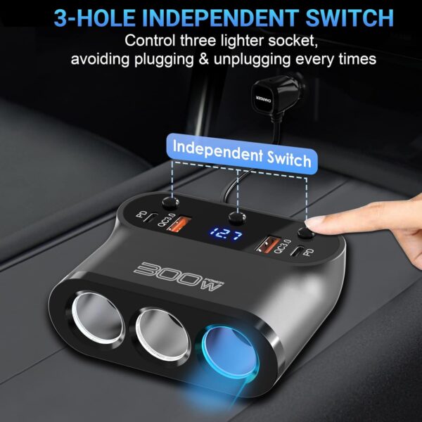 Cigarette Lighter Splitter 300W: OUFFUN Dual 18W QC3.0 and 30W PD USB-C Multi Way Cigarette Lighter Adapter DC Outlet Car 12V Splitter with LED Voltmeter Switches for iPhone Samsung Phone GPS Dash Cam - Image 4