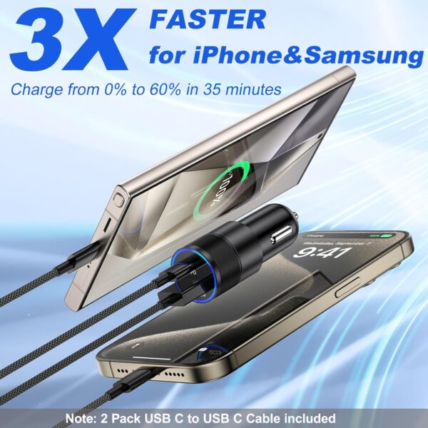 【4 in 1】 iPhone Car Charger, 38W Dual Port PD+QC3.0 Fast Charging Cigarette Lighter USB C Car Charger Adapter + 2Pack 6ft Braided USB C Cable + 40W Wall Charging Block for iPhone,iPad,Samsung,Tablet - Image 3