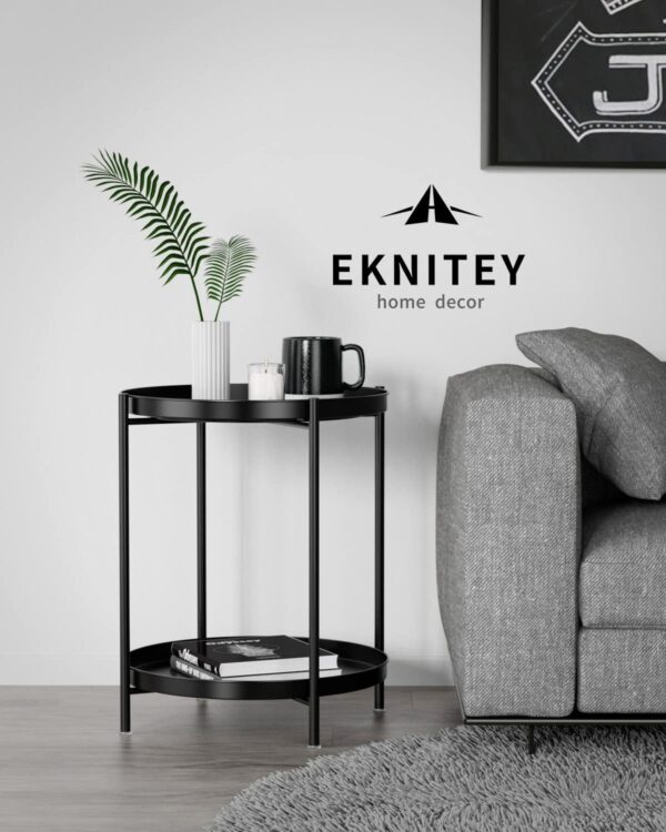EKNITEY 2 Tier End Table - Metal Side Table Waterproof Small Sofa Coffee Side Tables Bedroom Indoor Outdoor with Removable Tray for Living Room Bedroom Balcony and Office (Black) - Image 5