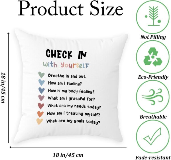Mental Health Pillow Covers Check-In Feeling Pillowcase Psychotherapy Gifts for Women Positivity Recovery Self Care Decor for Sofa Couch Bedroom Calming Corner Home House, 18x18 Inches - Image 2