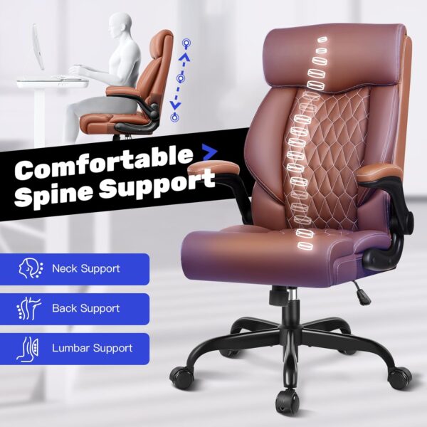 High Back Executive Office Chair - Ergonomic Computer Desk with Rocking Function, Leather Managerial with Adjustable Flip-Up Armrests and Lumbar Support - Image 5