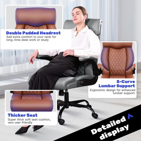 High Back Executive Office Chair - Ergonomic Computer Desk with Rocking Function, Leather Managerial with Adjustable Flip-Up Armrests and Lumbar Support - Image 6