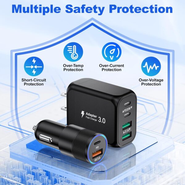 【4 in 1】 iPhone Car Charger, 38W Dual Port PD+QC3.0 Fast Charging Cigarette Lighter USB C Car Charger Adapter + 2Pack 6ft Braided USB C Cable + 40W Wall Charging Block for iPhone,iPad,Samsung,Tablet - Image 8
