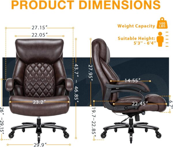 Big and Tall Office Chair for Heavy People, 500LBS High Back Extra Wide Heavy Duty Executive Office Chair Comfortable for Home Office, Large Computer Desk Chair with Adjustable Lumbar Support Brown - Image 2