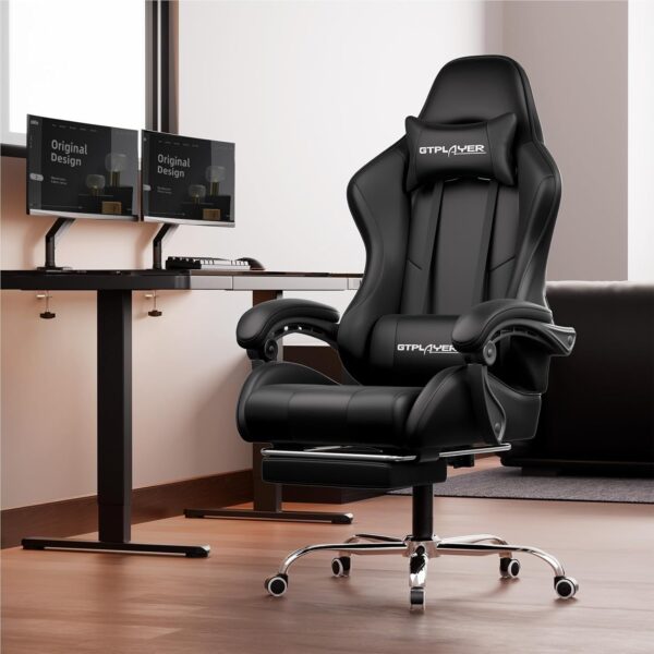 GTPLAYER Gaming Chair, Computer Chair with Footrest and Lumbar Support, Height Adjustable Game Chair with 360°-Swivel Seat and Headrest and for Office or Gaming (Faux Leather, Black) - Image 2