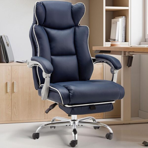 Office Desk Chair with Foot Rest High Back Executive Office Chair for Heavy People PU Leather Computer Chair with Adjustable Backrest Reclining Office Chair with Linkage Handrail, Blue