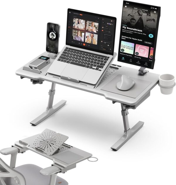 Newtral Laptop Bed Tray Desk, Height & Angle Adjustable Foldable Laptop Stand w/Cup Holder, Mousepad, Laptop Table Bookstand for Gaming, Working, Sofa & Office Chairs Use