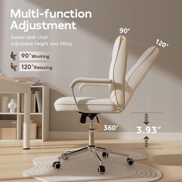White Office Chair with Soft Leather, Swivel Computer Home Office Desk Chair with Wheels and Padded Arms, Adjustable Height and Tilt - Image 6
