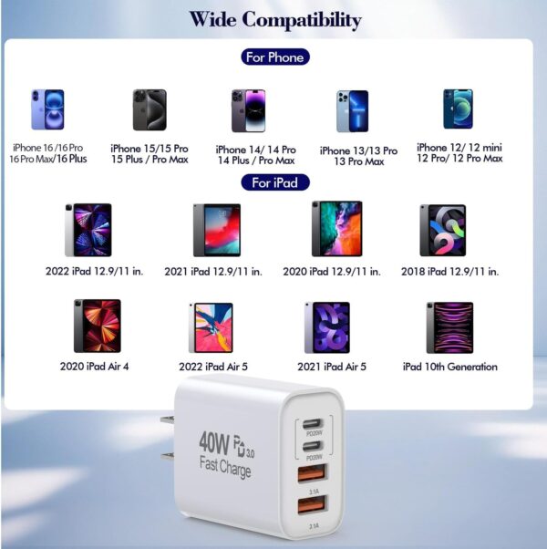 40W iPhone 16 15 Charger Block Fast Charging, 2-Pack USB C Wall Charger, 4-Port Fast USB Wall Adapter PD+QC Multiport Block Cube for iPhone 16/16 Pro/15/14/13/12/11/Pro Max/XS/XR, iPad 12.9 - Image 2