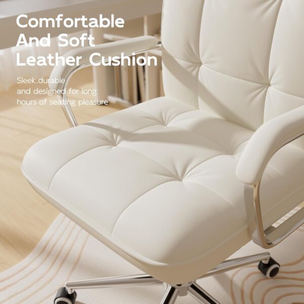 White Office Chair with Soft Leather, Swivel Computer Home Office Desk Chair with Wheels and Padded Arms, Adjustable Height and Tilt - Image 3