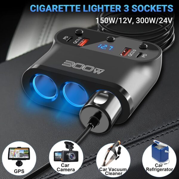 Cigarette Lighter Splitter 300W: OUFFUN Dual 18W QC3.0 and 30W PD USB-C Multi Way Cigarette Lighter Adapter DC Outlet Car 12V Splitter with LED Voltmeter Switches for iPhone Samsung Phone GPS Dash Cam - Image 2