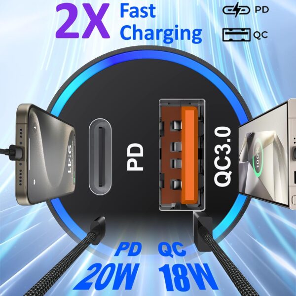 【4 in 1】 iPhone Car Charger, 38W Dual Port PD+QC3.0 Fast Charging Cigarette Lighter USB C Car Charger Adapter + 2Pack 6ft Braided USB C Cable + 40W Wall Charging Block for iPhone,iPad,Samsung,Tablet - Image 5
