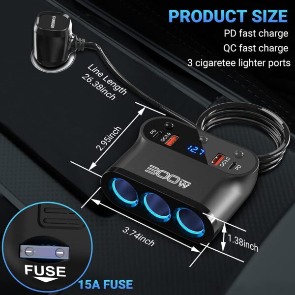Cigarette Lighter Splitter 300W: OUFFUN Dual 18W QC3.0 and 30W PD USB-C Multi Way Cigarette Lighter Adapter DC Outlet Car 12V Splitter with LED Voltmeter Switches for iPhone Samsung Phone GPS Dash Cam - Image 5