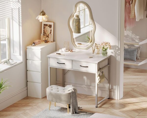 ODK Small Desk with Fabric Drawers- for Bedroom, White Vanity Desk with Storage, Home Office Computer Desk for Small Spaces, 32 Inch Modern Work Writing Study Table, White - Image 4