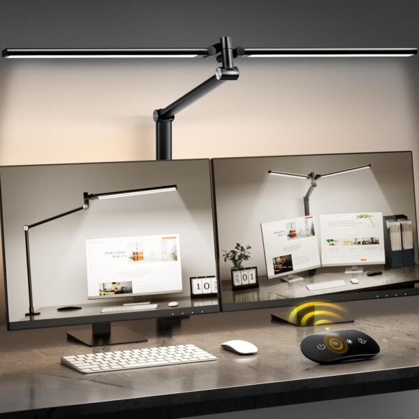 LED Desk Lamp for Home Office, Eye Caring Architect Desk Light with Remote, Dual Screen Computer Monitor Light with Stepless Dimming, Stepless Color Temp, Memory Function for Study, Workbench Black