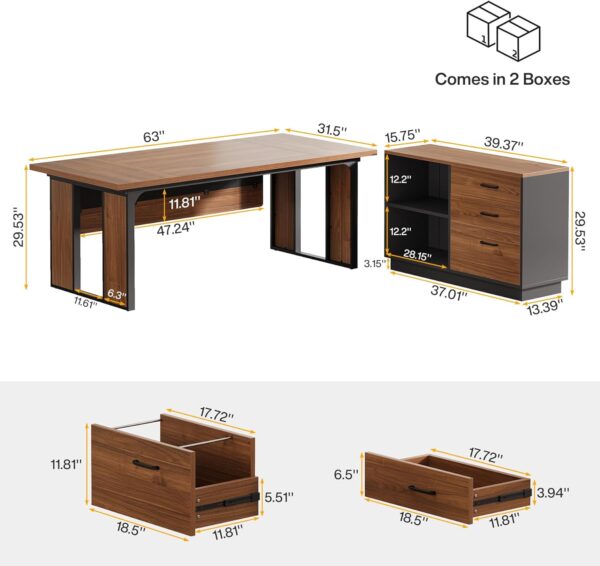 Tribesigns 63-Inch Executive Desk, L-Shaped Office Table with 47-Inch File Cabinet, Large Computer Desk with Storage Drawers and Shelves, Wood Business Furniture Set for Home Office, Brown and Black - Image 2