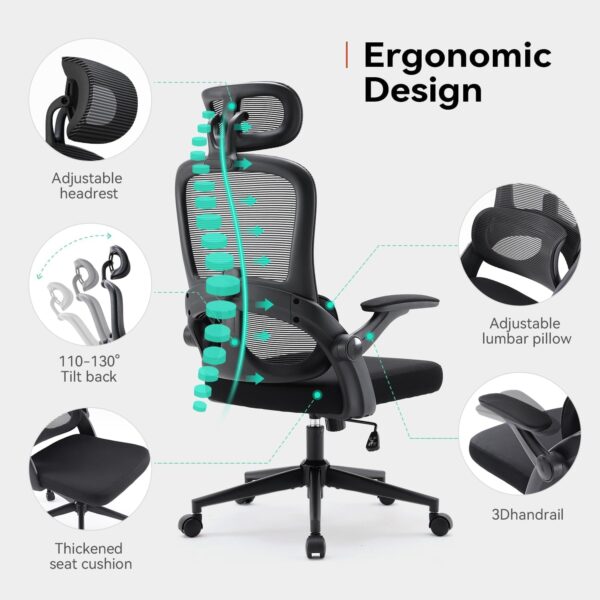 SIHOO Ergonomic Office Chair, Office Chair with Up&Down Lumbar, High Back Home Desk Chair with 3D Armrests, Computer Chair with Adjustable 2D Headrest, Tilt Function Black - Image 7