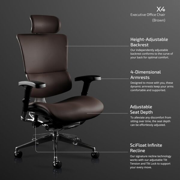 X-Chair X4 High End Executive Chair, Brown Leather with Headrest - Ergonomic Office Seat/Dynamic Variable Lumbar Support/Floating Recline/Stunning Aesthetic/Adjustable/Perfect for Office or Boardroom - Image 4