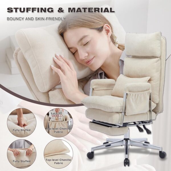 Big and Tall Fabric Computer Chair,Full Stainless Steel Comfy Ergonomic Office Chair with Footrest, Cute Chenille Fabric High Back Reclining C Hair with Spring Cushion,Lumbar Support(Beige) - Image 6