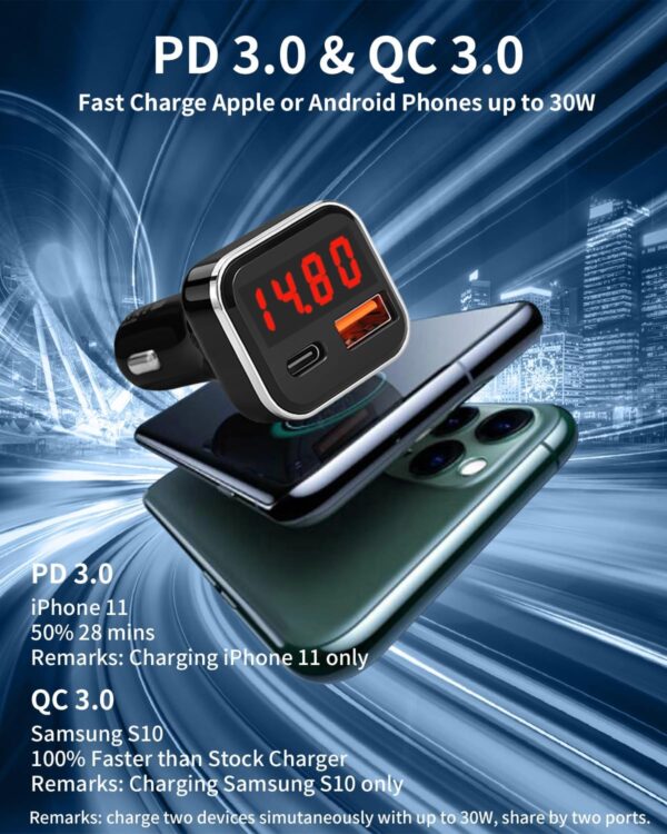 USB C Car Charger Adapter with Volt Meter, 30W Cigarette Lighter Adapter with Voltmeter, Type C Car Charger Fast Charging 12V, PD & QC 3.0 Compatible with iPhone 15 Pro Max, Samsung Galaxy S24 - Image 7