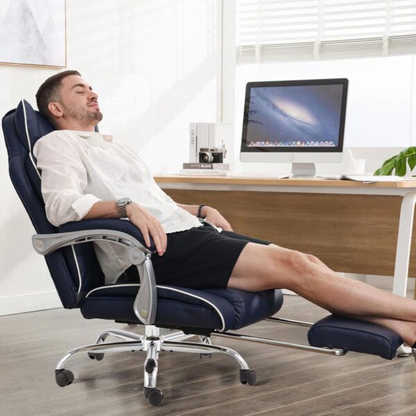 Office Desk Chair with Foot Rest High Back Executive Office Chair for Heavy People PU Leather Computer Chair with Adjustable Backrest Reclining Office Chair with Linkage Handrail, Blue - Image 7