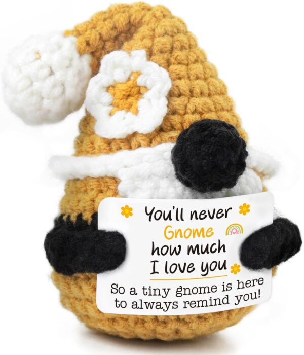 Positive Gnome Gift – Handmade Crochet Gnome Doll with “You'll Never Gnome How Much I Love You” Card – Cute Inspirational Love Gifts for Women, Men, Friends, Family