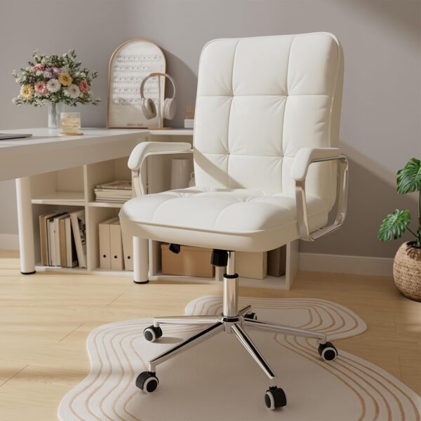 White Office Chair with Soft Leather, Swivel Computer Home Office Desk Chair with Wheels and Padded Arms, Adjustable Height and Tilt - Image 8