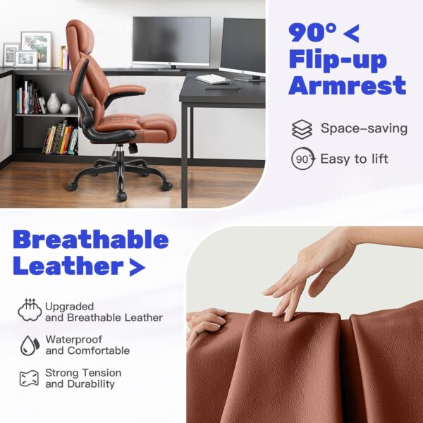 High Back Executive Office Chair - Ergonomic Computer Desk with Rocking Function, Leather Managerial with Adjustable Flip-Up Armrests and Lumbar Support - Image 3