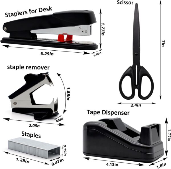 Black Office Supplies,UPIHO Black Desk Accessories,Stapler and Tape Dispenser Set for with Large Stapler,Tape Dispenser, Staple Remover, Staples, Clips,Scissor and Tabs,Gifts for Office Clerks - Image 2