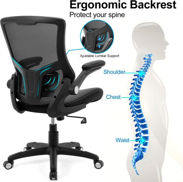 Office Chair Ergonomic Desk Chair, Computer PU Leather Home Office Chair, Swivel Mesh Back Adjustable Lumbar Support Flip-up Arms Executive Task Chair - Image 5
