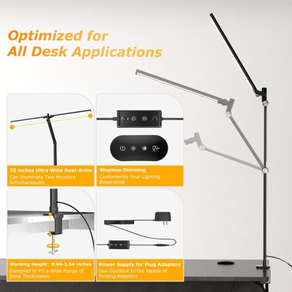 LED Desk Lamp for Home Office, Eye Caring Architect Desk Light with Remote, Dual Screen Computer Monitor Light with Stepless Dimming, Stepless Color Temp, Memory Function for Study, Workbench Black - Image 5