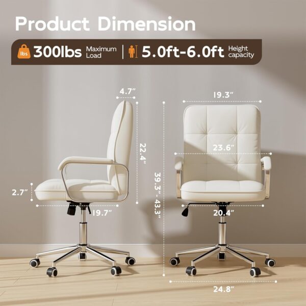 White Office Chair with Soft Leather, Swivel Computer Home Office Desk Chair with Wheels and Padded Arms, Adjustable Height and Tilt - Image 2
