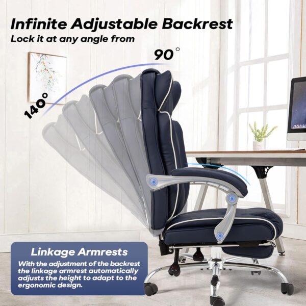 Office Desk Chair with Foot Rest High Back Executive Office Chair for Heavy People PU Leather Computer Chair with Adjustable Backrest Reclining Office Chair with Linkage Handrail, Blue - Image 3