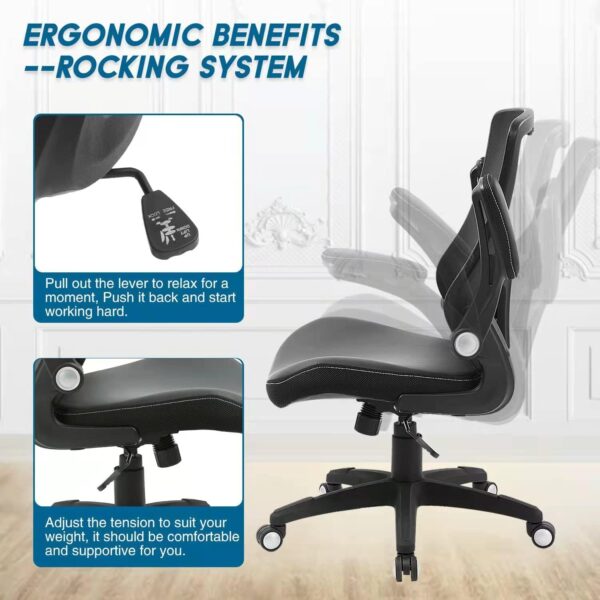 Office Chair Ergonomic Desk Chair, Computer PU Leather Home Office Chair, Swivel Mesh Back Adjustable Lumbar Support Flip-up Arms Executive Task Chair - Image 8