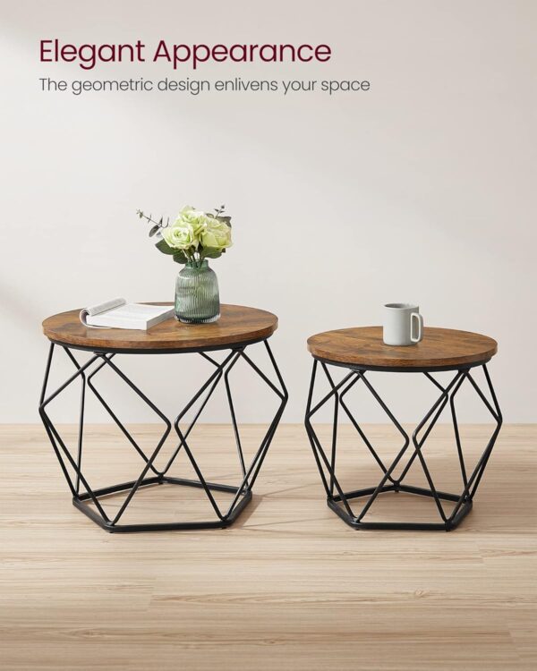 VASAGLE Small Coffee Table Set of 2, Round Coffee Table with Steel Frame, Side End Table for Living Room, Bedroom, Office, Rustic Brown and Ink Black - Image 9