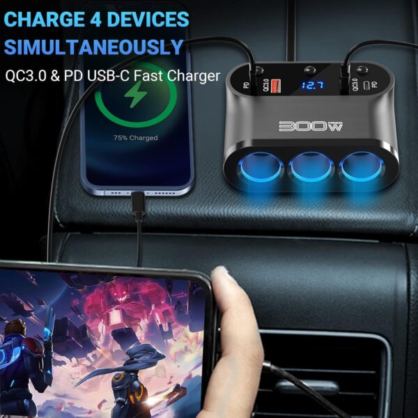 Cigarette Lighter Splitter 300W: OUFFUN Dual 18W QC3.0 and 30W PD USB-C Multi Way Cigarette Lighter Adapter DC Outlet Car 12V Splitter with LED Voltmeter Switches for iPhone Samsung Phone GPS Dash Cam - Image 3