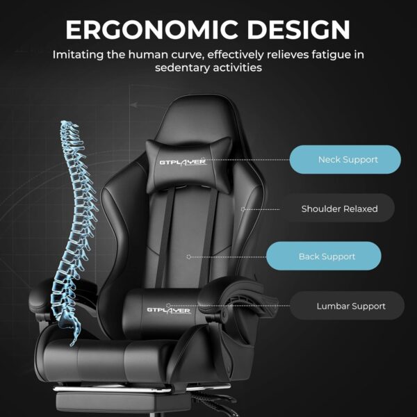 GTPLAYER Gaming Chair, Computer Chair with Footrest and Lumbar Support, Height Adjustable Game Chair with 360°-Swivel Seat and Headrest and for Office or Gaming (Faux Leather, Black) - Image 8