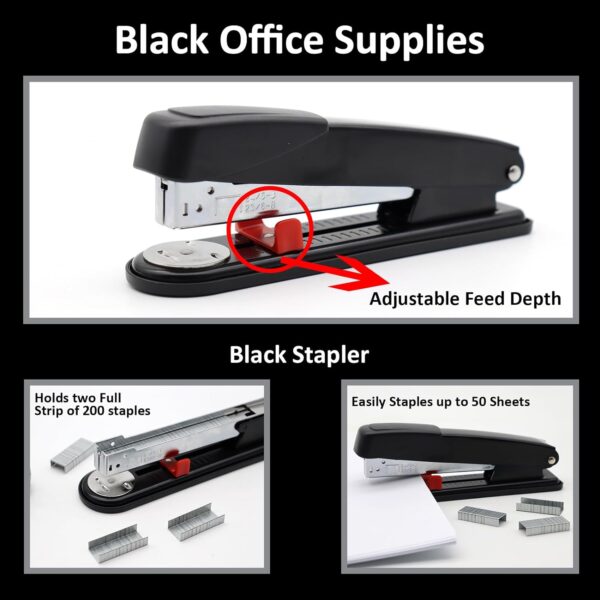 Black Office Supplies,UPIHO Black Desk Accessories,Stapler and Tape Dispenser Set for with Large Stapler,Tape Dispenser, Staple Remover, Staples, Clips,Scissor and Tabs,Gifts for Office Clerks - Image 4