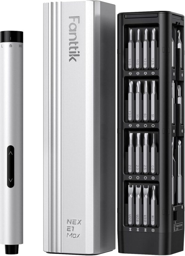 Fanttik E1 Max 3.7V Electric Screwdriver, Mini Precision Screwdriver Set, 50 Magnetic Bits, Magnetic Storage, 5/32‘’Hex, Repair Tool Kit for Electronics Phone Camera Laptop Watch (Silver)