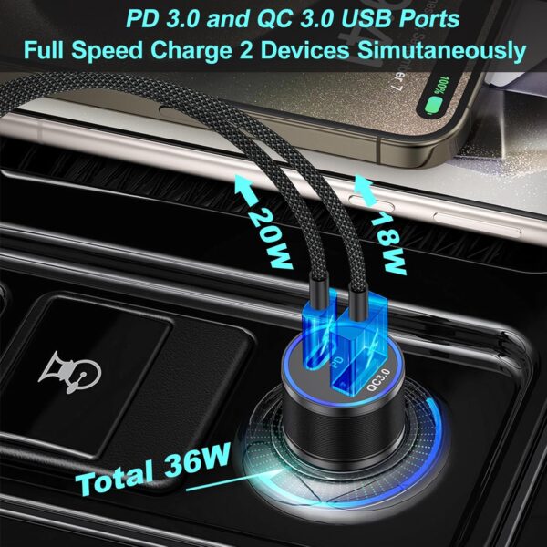 【4 in 1】 iPhone Car Charger, 38W Dual Port PD+QC3.0 Fast Charging Cigarette Lighter USB C Car Charger Adapter + 2Pack 6ft Braided USB C Cable + 40W Wall Charging Block for iPhone,iPad,Samsung,Tablet - Image 2
