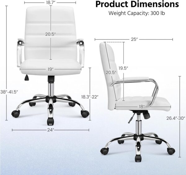 Yaheetech Office Desk Chair Mid-Back Leather Computer Chair Height Adjustable Ergonomic Executive Chair w/Lumbar Support Comfy Thick Padded Armrests and Seat, White - Image 3